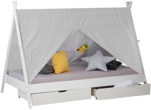 Homestyle4u 'TIPI' Kinderbett, weiß/grau, 90x200 cm, inkl. 2 Bettkästen, Lattenrost und Stoffüberwurf, Kiefernholz
