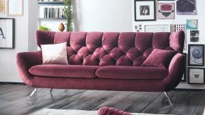 Candy Sofa SIXTY 3-Sitzer Bezug Velour Stoff purple Gestell Chrom 225 cm