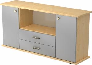 bümö® Sideboard mit Türen, Schubladen und Streifengriffen in Ahorn/Silber