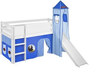 Lilokids 'Jelle' Spielbett 90 x 200 cm, Dragons Blau, Kiefer massiv, mit Turm, Rutsche und Vorhang
