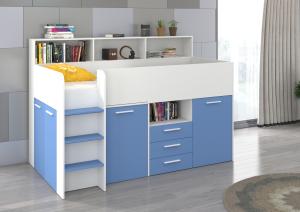 Domando Hochbett Talamone Modern Breite 206cm, mit integrierten Schränken, Schreibtisch und Regal in Weiß Matt und Himmelblau