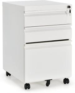 COSTWAY Rollcontainer Metall, Büroschrank mit 3 Schubladen, Aktenschrank abschließbar, Bürocontainer mobil, für Dokumente/Briefe in A4-Größe (Weiß)