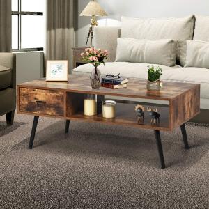 COSTWAY Couchtisch mit Schublade und Stauraum, Holz rustikales Braun, 109 x 55 x 44,5 cm