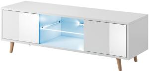 Domando Lowboard Terni M1 Modern für Wohnzimmer Breite 140cm, Holzfüße, Hochglanz, LED Beleuchtung in blau, Weiß Matt und Weiß Hochglanz