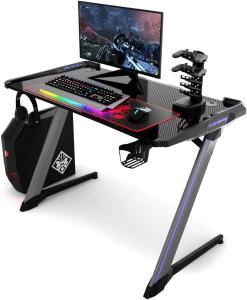 COSTWAY Gaming Tisch 120 x 64 cm mit RGB Computertisch ergonomisch, Schreibtisch mit Becher- und Kopfhoererhalterung, USB-Controller-Halterung und Mausunterlage, schwarz