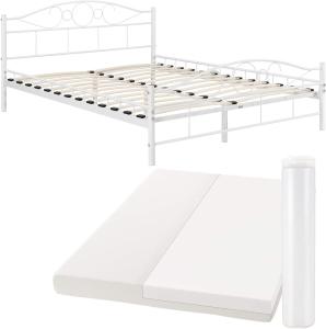 Juskys Metallbett Toskana 140 x 200 cm weiß – Komplett Set mit Matratze - Bett mit Lattenrost und Kaltschaummatratze – modern & massiv – große Liegefläche