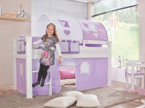 Relita Halbhohes Spielbett ALEX Buche massiv weiß lackiert mit Stoffset purple/weiß/herz