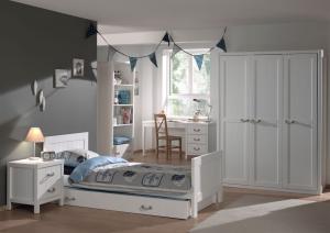 Vipack 'Lewis' 5-tlg. Kinderzimmer-Set 90x200cm, weiß, mit Bett, 3-trg. Kleiderschrank, Regal, Nachtkonsole und Schreibtisch