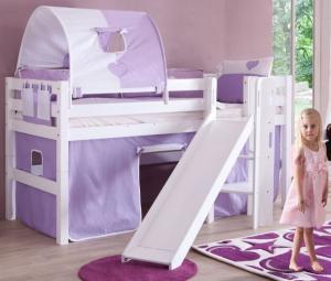 Relita 'Eliyas' Spielbett weiß inkl. Rutsche und Textilset Vorhang, 1-er Tunnel und Tasche 'purple/weiß/herz'