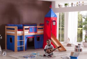 Halbhohes Spielbett ALEX mit Rutsche/Turm Buche massiv natur lackiert mit Stoffset blau/rot