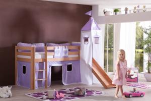 Halbhohes Spielbett ALEX mit Rutsche/Turm Buche massiv natur lackiert mit Stoffset purple/weiß