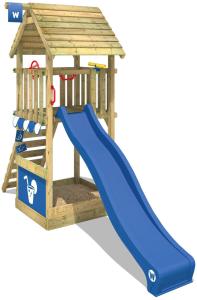 WICKEY Spielturm Klettergerüst Smart Club Holzdach mit blauer Rutsche, Kletterturm mit Sandkasten, Leiter & Spiel-Zubehör