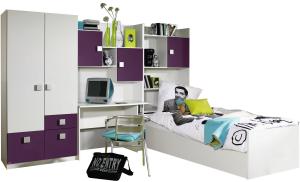 Jugendzimmer Pascal 4-tlg Kleiderschrank + Schreibtischregal + Regal inkl. Bett + Bettkasten weiß
