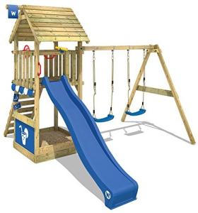WICKEY Spielturm Klettergerüst Smart Shelter Holzdach mit Schaukel & blauer Rutsche, Kletterturm mit Holzdach, Sandkasten, Leiter & Spiel-Zubehör