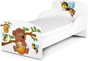 Leomark Kinderbett 70x140 cm, Bienen und Teddybär, mit Matratze und Lattenrost
