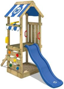 WICKEY Spielturm Klettergerüst FunkyFlyer mit blauer Rutsche, Kletterturm mit Sandkasten, Leiter & Spiel-Zubehör