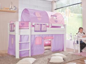 Relita Halbhohes Spielbett ALEX Buche massiv weiß lackiert mit Stoffset purple/rosa/herz