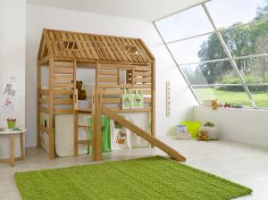 Spielbett Tom´s Hütte und Bett Eliyas mit Rutsche und Textilset, Buche massiv geölt
