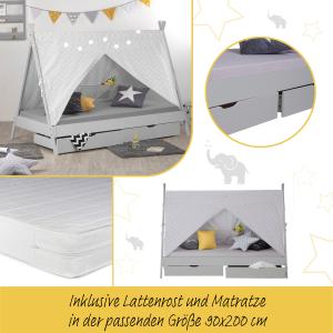 Kinderbett mit Matratze TIPI 90x200 mit 2 Bettkästen grau Holzbett Indianer Bett Hausbett Spielbett