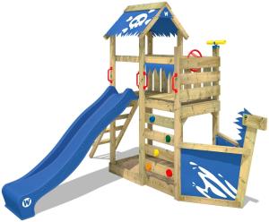 WICKEY Spielturm Klettergerüst SpookyFlyer mit blauer Rutsche, Baumhaus mit Sandkasten, Kletterleiter & Spiel-Zubehör