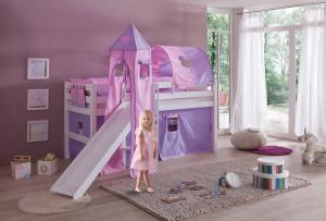 Reltia Spielbett 'Eliyas' mit Rutsche und Textilset Vorhang, 1-er Tunnel, Turm und Tasche purple/rosa/Herz