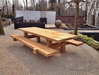 Casa Padrino Gartenmöbel Set Rustikal Tisch + 2 Garten Bänke 180 x ca. 155 x H80 - Eiche Massivholz