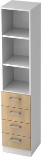 bümö® office Schubladen-Regal mit 4 Schüben & 3 Regalfächer in Weiß/Eiche mit Chromgriffen