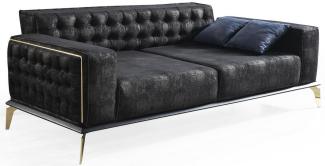 Casa Padrino Luxus Art Deco Chesterfield Sofa Schwarz / Grau / Messingfarben 236 x 99 x H. 86 cm - Edles Wohnzimmer Sofa mit dekorativen Kissen - Luxus Qualität