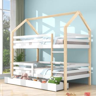 Merax Ins und aus dem Bett kommen, Doppelbett, große Schubladen, Kiefernholz Haus Bett, 90 x 200 cm, ohne Matratze, weiß | Holzfarbe