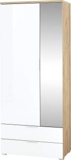 Garderobenschrank Paterna, in Navarra-Eiche-Nachbildung/Weiß, Fronten mit Glasauflage, Spiegel und ausziehbarer Kleiderstange, 84x196x40