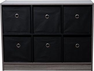 Kinderregal, Holz, schwarz grau, 6 Fächer + Stoffboxen, B 80 cm