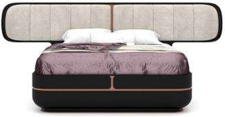 Casa Padrino Luxus Doppelbett Grau / Schwarz / Kupfer 330 x 215 x H. 120 cm - Massivholz Bett mit gepolstertem Kopfteil - Schlafzimmer Möbel - Hotel Möbel - Luxus Möbel