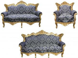 Casa Padrino Barock Wohnzimmer Set Royal Blau Muster/ Gold - 3er Sofa+2er Sofa + 1 Sessel