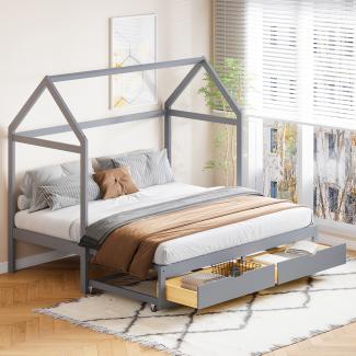 Merax Ausziehbares Bett, Schlafsofa 90/180 x 190 cm mit Schubladen und Lattenrost, Bett aus Kiefernholz mit Stauraum, Grau