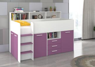 Domando Hochbett Talamone Modern Breite 206cm, mit integrierten Schränken, Schreibtisch und Regal in Weiß Matt und Violett