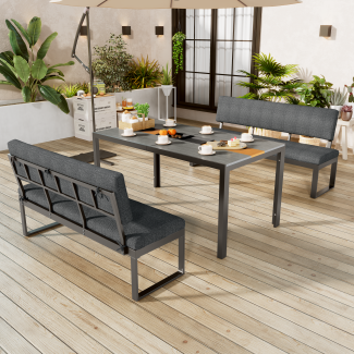 Merax Set aus Aluminium-Esstisch und Stühlen, sechs Sitzplätze, mit Rücken- und Sitzkissen, Tisch aus Kunststoff mit Holzmaserung, grau