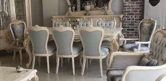 Casa Padrino Luxus Barock Esszimmer Set Hellblau / Dunkelblau / Weiß / Gold - 1 Esstisch & 8 Esszimmerstühle - Prunkvolle Esszimmermöbel im Barockstil - Luxus Qualität