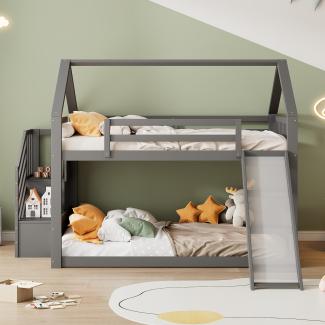 Merax 140x200cm Etagenbett mit Stauraumtreppe und Rutsche, Hausbett, Kinderbett mit Geländer, geeignet für Kinder, Jugendliche, Grau(Ohne Matratze)