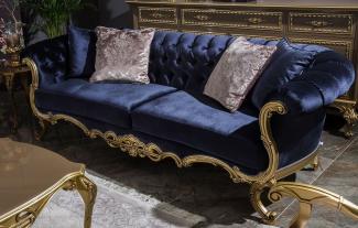Casa Padrino Luxus Barock Samt Sofa Royalblau / Gold 240 x 82 x H. 83 cm - Prunkvolles Wohnzimmer Sofa mit dekorativen Kissen - Wohnzimmer Möbel im Barockstil