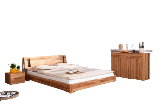 Bett Bento 14 Sonderlänge 140x210 Kernbuche massiv Holzkopfteil und Holzbeine