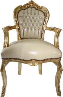 Casa Padrino Barock Esszimmer Stuhl mit Armlehnen Creme Lederoptik / Gold - Möbel