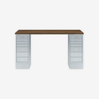 MultiDesk, 2 MultiDrawer mit 8 Schüben, Dekor Nussbaum, Farbe Lichtgrau, Maße: H 740 x B 1400 x T 600 mm