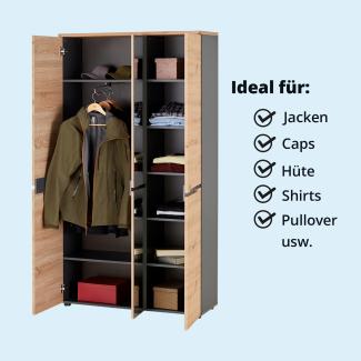 KHG Garderobenschrank 3-türig aus Holzstoff, Schrank mit 7 Fächern, inkl. Spiegeltür, Soft-Close, Front mit Griffausfräsung, Mehrzweckschrank, ideal für Jacken, Schuhe und Kleidung