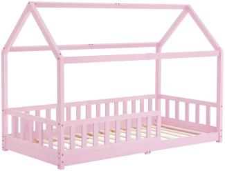 Juskys Kinderbett Marli 90 x 200 cm mit Rausfallschutz, Lattenrost und Dach - Massivholz Hausbett für Kinder - Bett in Rosa