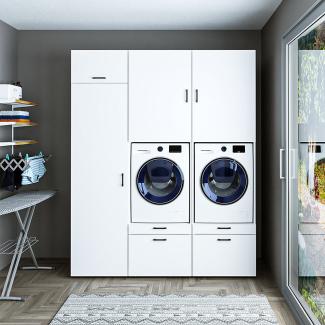 Roomart Schrankwand für Waschküche & Hauswirtschaftsraum Mit Schubladen und Ausziehbrett • Weiß • Schwarz eiche