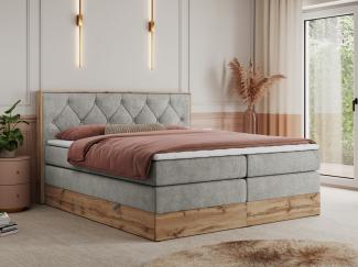 Boxspringbett VENETO KING, Doppelbett mit Multipocket-Matratze, Polsterbett mit Kopfstütze - 180 x 200 cm - Hellgrau Stoff - H3