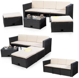 Rattanmöbel schwarz Sitzgruppe Poly Rattan Sofa und 2 Hocker Lounge