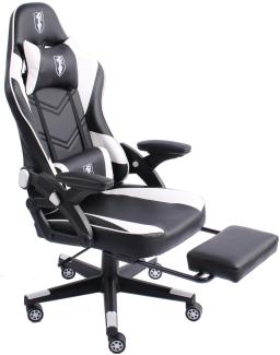 Gaming Stuhl im modernen Racing-Design mit ausziehbarer Fußstütze Gaming Chair mit verstellbaren Design Armlehnen ergonomischer Schreibtischstuhl mit extra Stützkissen Schwarz/Weiß