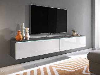 TV-Lowboard Stone 180, mit weißer LED Beleuchtung, Farbe: Matera / Weiß Hochglanz