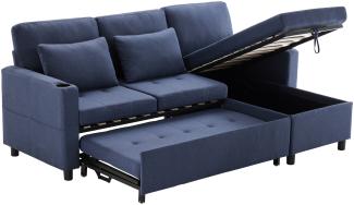 Merax Schlafsofa mit Schlaffunktion, L-förmiges Sofa, moderne Design-Polstermöbel, Sofa-Chaiselongue mit Stauraum, mit Taschenbecherhalter, Wohnzimmer-Schlafsofa, links und rechts austauschbare Chaiselongue Blau